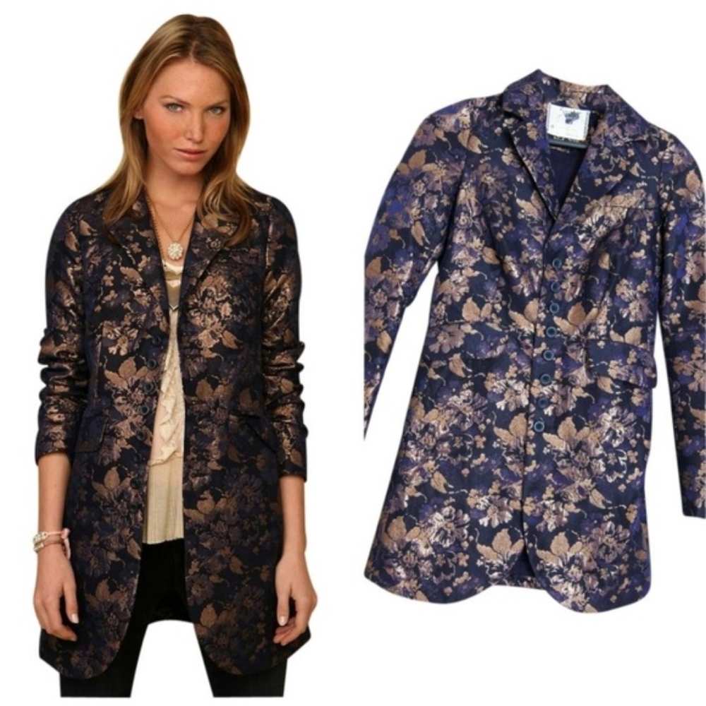 Free People Blue Gold Floral Blazer Jacket sz 6
